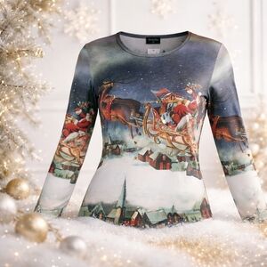 Vintage Breeke Art to Wear Christmas Top Santa Reindeer Scene Small NWT